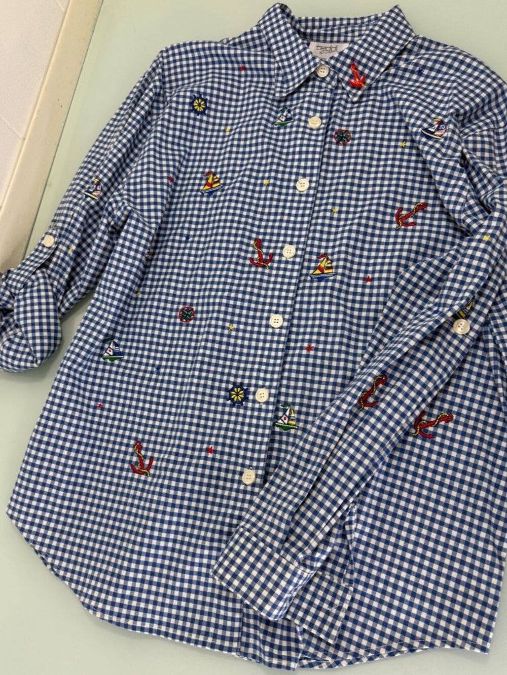 Teddi Shirt Nautical Blouse Large L Gingham Tab Roll Up Sleeves Sailboats Anchor